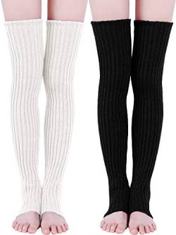 Sumind 2 Paar 27,5 Zoll lange Strick-Beinstulpen über Knie Winter Beinwärmer Hohe fußlose Kniestrümpfe für Frauen und Mädchen, schwarz / weiß, 69 cm von Sumind