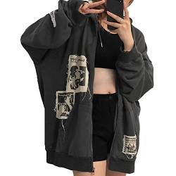 Alt Emo Kleidung Damen Oversized Zip Up Hoodies Strass Y2k Ästhetische Skelett Sweatshirts Grunge Gothic Jacke Streetwear, B, L von Sumleno