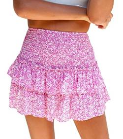 Frauen Preppy Swing Y2K Minirock Floral Plissee Hohe Taille Tiered Rüschen Rock Sommer Fairycore Röcke Cottagecore Kleidung, Pink, Klein von Sumleno