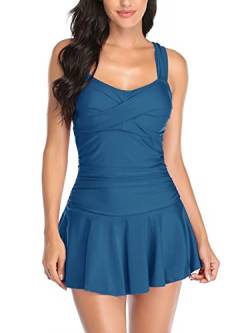 Damen Badekleid Bauchweg Einteiliger Badeanzug Push Up Badeanzugkleid Retro Schwimmrock Blau 2XL von Summer Mae