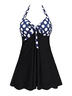 Damen Badekleid Neckholder Einteiliger Tankini mit Shorts Push Up Bedruckt Blau Punkte Schwarz M von Summer Mae
