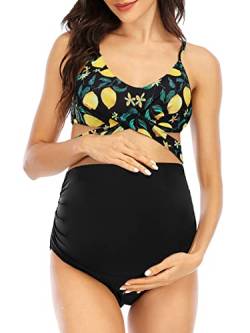 Damen Criss Cross Umstands-Bikini Hohe Taille String Floral Zweiteilige Schwangerschaft Bademode, Black Lemon, Medium von Summer Mae