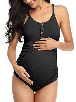 Schwangerschafts Badeanzug Knopfhals Umstandsbademode U-Ausschnitt Schwanger Badeanzug Schwarz XL von Summer Mae