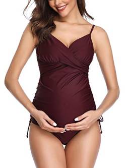 Solide Schwangerschafts Badeanzug Retro Pflaume Wrap Front Tankini Wein Rot L von Summer Mae