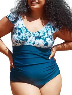 Summer Mae Damen-Badeanzug, Übergröße, gerippt, gerüscht, Bauchkontrolle, Retro-Bademode, U-Ausschnitt, Blaue Blüte, 22 Plus von Summer Mae
