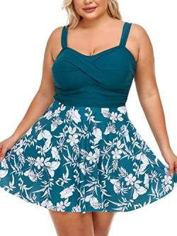 Summer Mae Damen Badekleid Große Größen Zweiteiliger Tankini mit Shorts V-Ausschnitt Badeanzug Plus Size Grün Blumen 48 von Summer Mae