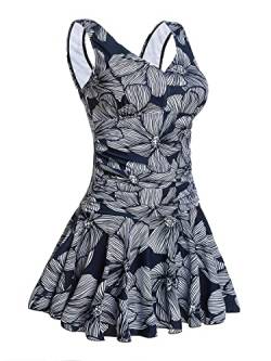 Summer Mae Damen Badekleid Plus Size Geblümt Figurformender Einteiler Badeanzug Swimsuit Dunkelblau Blumen (EU Size 40-42) von Summer Mae