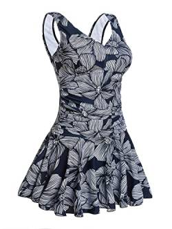 Summer Mae Damen Badekleid Plus Size Geblümt Figurformender Einteiler Badeanzug Swimsuit Dunkelblau Blumen (EU Size 46-48) von Summer Mae