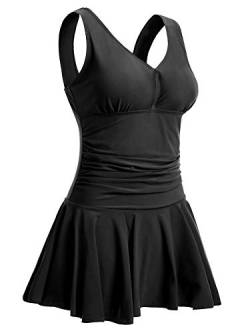 Summer Mae Damen Badekleid Plus Size Geblümt Figurformender Einteiler Badeanzug Swimsuit Ganz Schwarz (EU Size 48-50) von Summer Mae