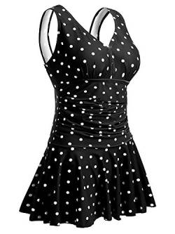 Summer Mae Damen Badekleid Plus Size Geblümt Figurformender Einteiler Badeanzug Swimsuit Schwarz Weiß Punkte (EU Size 40-42) von Summer Mae