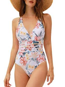 Summer Mae Damen Bauchweg Badeanzug Einteilig Figurformend Schlankheits Bademode Weiß Rot Blumen XL von Summer Mae