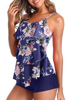 Summer Mae Damen Tankini Volants Badeanzug mit Badeshorts Zwei Teilig Bademode Blau Rose L von Summer Mae