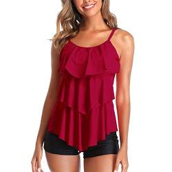 Summer Mae Damen Tankini Volants Badeanzug mit Badeshorts Zwei Teilig Bademode Weinrot 2XL von Summer Mae