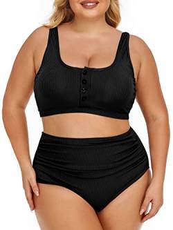 Summer Mae Plus Size Frauen Gerippte Bikini Set Zweiteilige Hohe Taille Badeanzug Scoop Top Bauchkontrolle Badeanzug Bademode, Schwarz, 16 Plus von Summer Mae