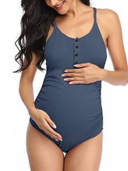 Summer Mae Schwangerschafts Badeanzug Knopfhals Umstandsbademode U-Ausschnitt Schwanger Badeanzug Blau XL von Summer Mae
