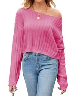 Frauen Cropped Pullover Schulterfrei Langarm Dünne Lose Strickpullover Pullover Crop Tops, Knallpink (Hot Pink), X-Groß von Sumtory