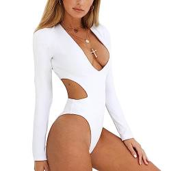 Rashguards für Damen, langärmelig, Monokini, tiefer V-Ausschnitt, sexy Badeanzug - Weiß - Small von Sumtory