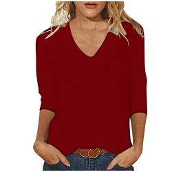 Damen Pullover 3/4 Ärmel Einfarbige Shirt Elegante 3/4-Ärmeln T-Shirt Frauen Sweatshirt Slim Fit Einfarbig Longbluse Frau Eckiger Ausschnitt Sexy Grafik Elegant Top Tuniken Wein M von Sumuqi