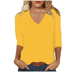 Damen Tshirt 3/4 Arm Einfarbige Tee Elegant 3/4 Ärmel Longshirt Frauen Hemd Mode Einfarbig Tee T-Shirt Frau U-Boot-Ausschnitt Herbst Bluse Grafik Große Größen Bekleidung Top Gelb M von Sumuqi