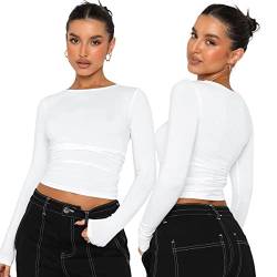 Sumvov Y2k Top Langarmshirt Damen,Slim Fit Oberteile Damen,Einfarbig Basic Rundhals Cropped Tee,Crop Tops Bauchfrei Oberteile Teenager Mädchen Casual Sexy Streetwear von Sumvov