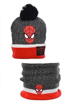 Sun City Spider-Man Jungen Winter-Set Kinder Bommel-Mütze und Schlupf-Schal Loop, Farbe:Grau, Größe:52 von Sun City