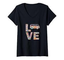 Bus Camping Liebe Blumen T-Shirt mit V-Ausschnitt von SunFrot