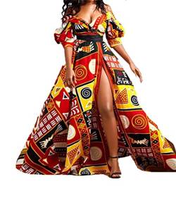 Suncolour Afrikanisches Dashiki V-Ausschnitt Kleid Damen Bodenlang Sexy Split Ankara Kleid Bunte Afrikanische Boho Kleider von Suncolour