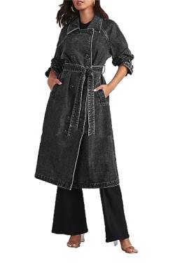 Suncolour Damen-Denim-Trenchcoat-Jacken, zweireihiger, Langer Jean-Trenchcoat, mittellange Denim-Outfits mit Gürtel von Suncolour