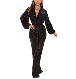 Suncolour Damen Silber Pailletten Jumpsuits Sexy Schwarz Party Sparkle Playsuit V Ausschnitt Glitter Jumpsuits von Suncolour