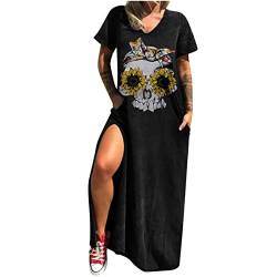 Suncolour Damenschädel Punk Baggy Langes Kleid, Frauenschädel doppelter Maxikleid, Frauengotik -Schädelschlitz langes Kleid von Suncolour