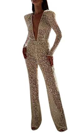 Suncolour Frauen Pailletten Sexy Langarm Overall Catsuit Party Clubwear High-Waist Strampler von Suncolour