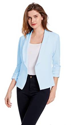 Damen Weich Dehnbar Leicht Cardigan Blazer One Button 3/4 Rüschenärmel Business Casual Blazer Jacken, Babyblau, XL von Sunfaynis