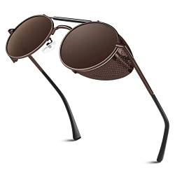 Sunier Sonnenbrille Herren Polarisiert Retro Rund Steampunk Metall Seitenschutzbrille Gothic Damen Brille 100% UV-Schutz Cat 3 CE von Sunier