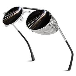 Sunier Sonnenbrille Herren Polarisiert Retro Rund Steampunk Metall Seitenschutzbrille Gothic Damen Brille 100% UV-Schutz Cat 3 CE von Sunier