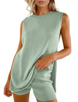 Sunlighty Damen-Strick-Pyjama-Set, Sommer-Strickpullover, 2-teiliges Outfits, Tanktop und Shorts, lässige Loungewear, grün, 38 von Sunlighty