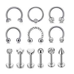 Sunligoo 12er 16G Lippenpiercing Nasenpiercing Set Chirurgenstahl Monroe Labret Stud & Ring Septum Hufeisen Ring Tragus Helix Knorpel Ohrstecker Lippenpiercing Silber von Sunligoo