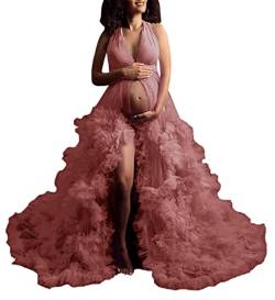 Sunnderly Puffy Rüschen Illusion Tüll Braut Robe Badekleid Mutterschaft Robe für Fotoshooting Staubige Rose Size S-M von Sunnderly