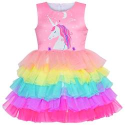 Mädchen Kleid Rosa Einhorn Rüsche Regenbogen Kuchen Rock Gr. 116 von Sunny Fashion