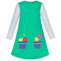 Mädchen Kleider Streifen Langarm Baumwolle Grün Herbst Winter T-Shirt Kleid Blume Topf Gestickt Gr.104 von Sunny Fashion