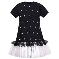 Mädchen Kurzarm Schwarz T-Shirt Kleid Perle Spitze Weiß Mini Tüll Beiläufig Gr. 122,Schwarz,122 von Sunny Fashion