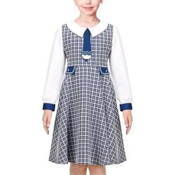 Sunny Fashion Mädchen Kleid Blau Weiß Bleistift Binden Überprüfen Plaid Schule Beiläufig Langarm Gr. 122,Blaues Plaid,122 von Sunny Fashion