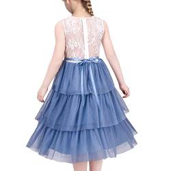 Sunny Fashion Mädchen Kleid Weiß Spitze Blau Layered Rüsche Hochzeit Geburtstag Hohle zurück Gr. 134,Blau,134 von Sunny Fashion