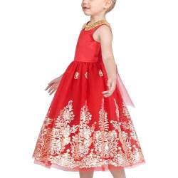 Sunny Fashion Mädchen Kleid rot Blumen- Gold Stickerei Party Festzug Ballkleid Ärmellos Gr. 146,rotes Gold,146 von Sunny Fashion