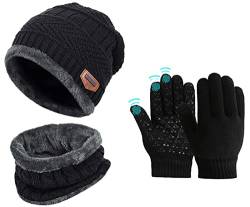 Kinder Jungen Wintermütze Beanie Hut Schal mit Touchscreen Handschuhe Set Slouchy Junge Strickmütze Warme Mützen Jungs Cap Fleecefutter Mädchen Hat Rutschfeste Handschuhe von Sunnysnow