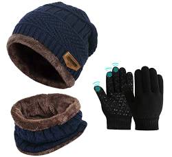 Kinder Jungen Wintermütze Beanie Hut Schal mit Touchscreen Handschuhe Set Slouchy Junge Strickmütze Warme Mützen Jungs Cap Fleecefutter Mädchen Hat rutschfeste Handschuhe von Sunnysnow