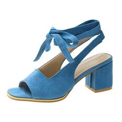 Blaue Sandalen Damen Elegant DamenMode Sommer solide Flock große Sandalen mit High Heel Knöchelgurt Gelbe Schuhe Damen Pumps von Sunnyuk