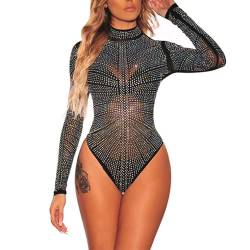 Glitzer Body Damen Silber Glitzer Bluse Oberteil Silvester Outfit Festival Tops Sheer Schwarz Sexy Rave Outfit Mesh Body Shapewear Spitze Elegant Blusenbody Netzoberteil Frauen von Sunnyuk