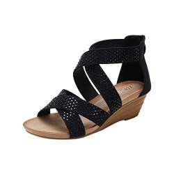 Plateau Sandalen Damen Keilabsatz Schwarz 39 Weite H Rutschfest Römersandalen Sommerschuhe für Party Ohne Absatz Leichte Sexy Sandale Strandsandalen Schuhe Elegant Flach Gladiator Sandaletten von Sunnyuk