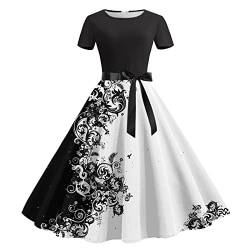 Rockabilly Kleider Damen 50er Jahre Elegant Hohe Taille Kurzarm Ballkleid A-Line Abendkleid Vintage Blumendruck Swing Cocktailkleid Festlich Retro-Kleidung Sommer Petticoat Kleid Partykleid von Sunnyuk