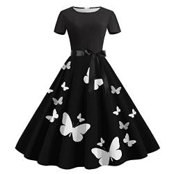 Rockabilly Kleider Damen A-Line Retro-Kleidung Vintage Partykleid Swing Festlich Blumendruck Cocktailkleid Elegant 50er Jahre Petticoat Kleid Ballkleid Kurzarm Hohe Taille Sommer Abendkleid von Sunnyuk